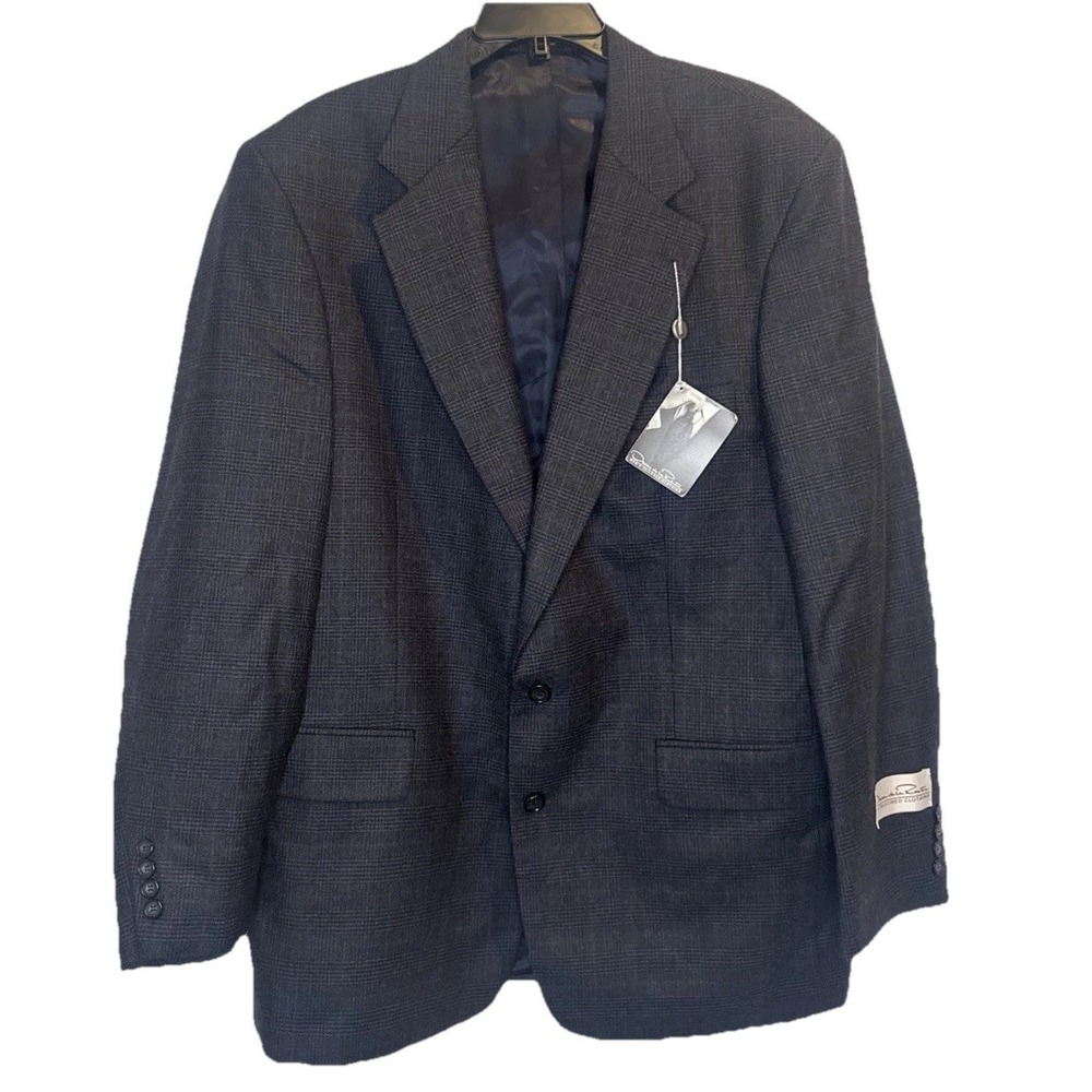 Oscar De La Renta Blue Black Plaid Tailored Wool Blazer Suit Jacket 44L 38W  NEW